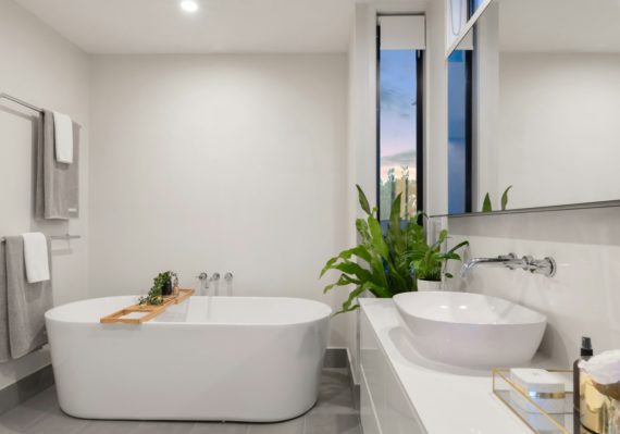 white ceramic bathtub near green potted plant